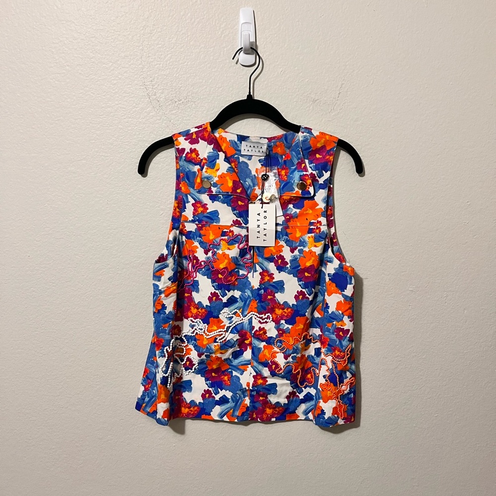 Tanya Taylor NWT Swarovski Floral Beaded Blouse Size 8 Vacation Summer